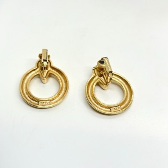 SAL VINTAGE SWAROVSKI GOLD TONE BLACK CRYSTAL EARRINGS MODERNIST CLIP ON CIRCLE - Picture 11 of 16